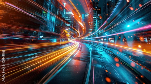 A vibrant cityscape with dynamic light trails illustrating motion and energy.