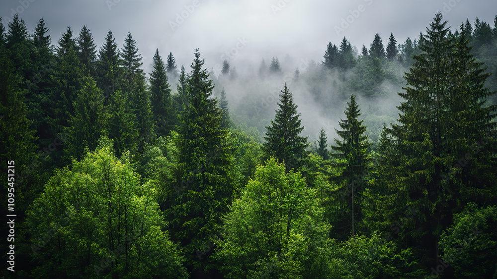 Misty forest landscape background with lush greenery and atmospheric mood Misty forest landscape background with lush greenery and atmospheric mood