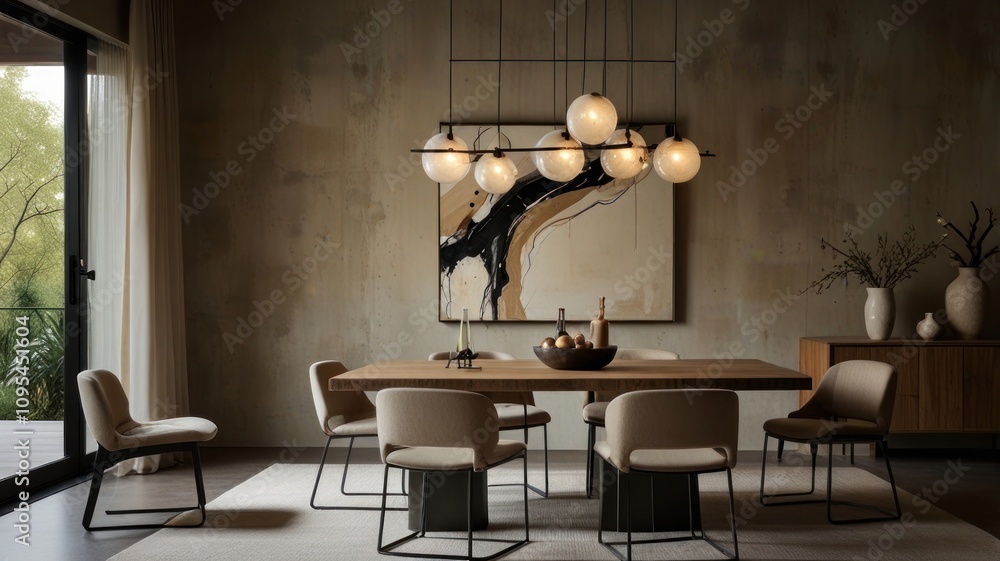 Modern dining room with wooden table, beige chairs, and a statement light fixture. Modern dining room with wooden table, beige chairs, and a statement light fixture.
