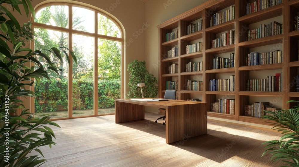 Fototapeta premium Elegant Islamic-Inspired Home Office Interior Design with Wooden Shelves, Arabic Calligraphy Artwork, and Garden View
