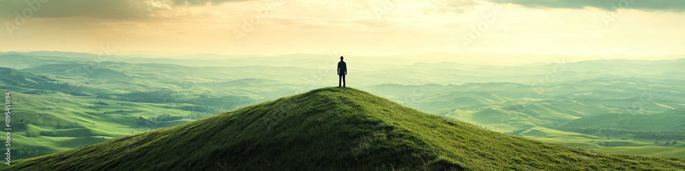 A solitary figure stands atop a lonesome hill, overlooking the rolling countryside. A solitary figure stands atop a lonesome hill, overlooking the rolling countryside.