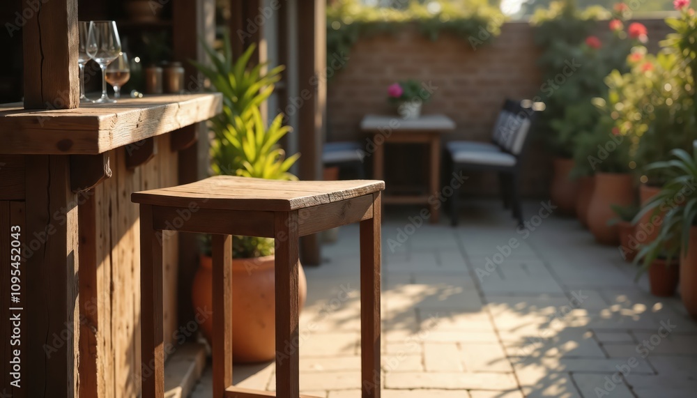 Sturdy Wooden Bar Stool with Square Seat on an Empty Outdoor Patio with Rustic Decor, Midday Sunlight and Clear Shadows Sturdy Wooden Bar Stool with Square Seat on an Empty Outdoor Patio with Rustic Decor, Midday Sunlight and Clear Shadows