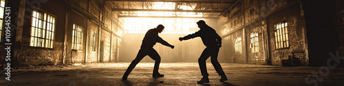 A tense standoff between two hitmen, each poised to strike, in an abandoned warehouse.