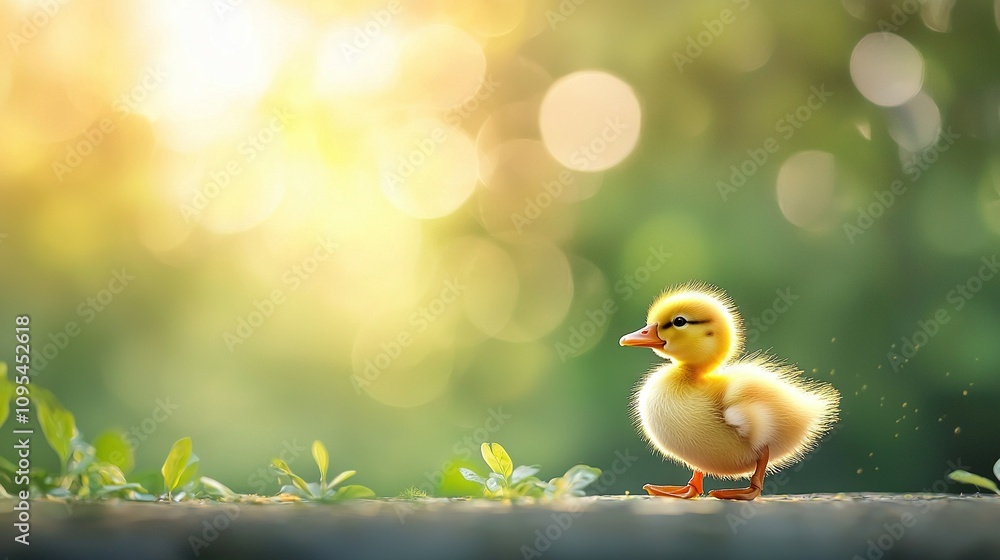 Yellow duck on lush grass with sunshine Yellow duck on lush grass with sunshine
