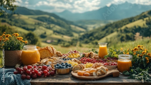 Fototapeta Naklejka Na Ścianę i Meble -  Rustic breakfast table set with orange juice, pastries, and fresh flowers in a scenic countryside meadow with mountain views, summer picnic, rural charm, outdoor meal.