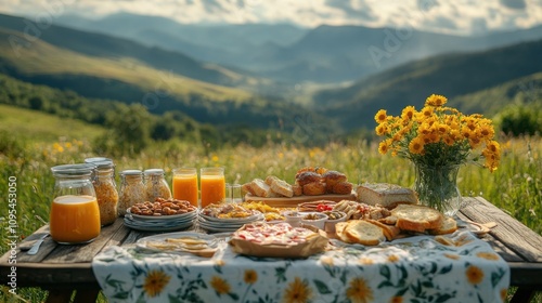Fototapeta Naklejka Na Ścianę i Meble -  Rustic breakfast table set with orange juice, pastries, and fresh flowers in a scenic countryside meadow with mountain views, summer picnic, rural charm, outdoor meal.