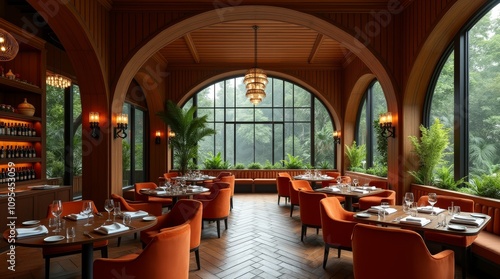 Elegant Jungle Restaurant Interior with Warm Wood and Herringbone Tiles