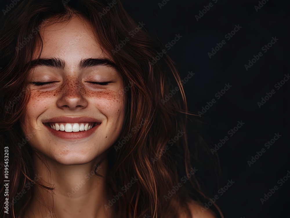 A woman smiling with her eyes closed and a black background A woman smiling with her eyes closed and a black background