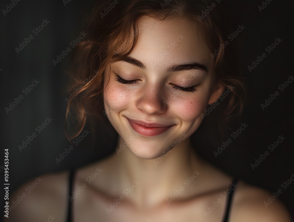 Fototapeta premium A woman smiling with her eyes closed and a black background