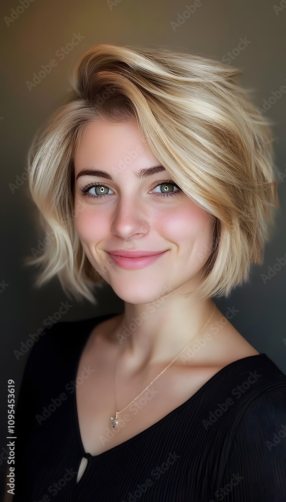 A woman with a blonde haircut smiling at the camera A woman with a blonde haircut smiling at the camera