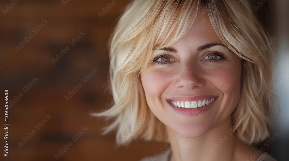 A woman with a blonde haircut smiling at the camera A woman with a blonde haircut smiling at the camera