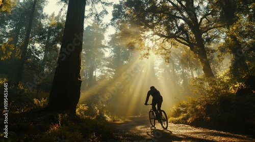 Wallpaper Mural Cyclist Silhouetted Against Sunbeams in a Foggy Forest Torontodigital.ca