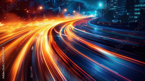 A dynamic long-exposure shot of light trails on a busy urban highway at night.