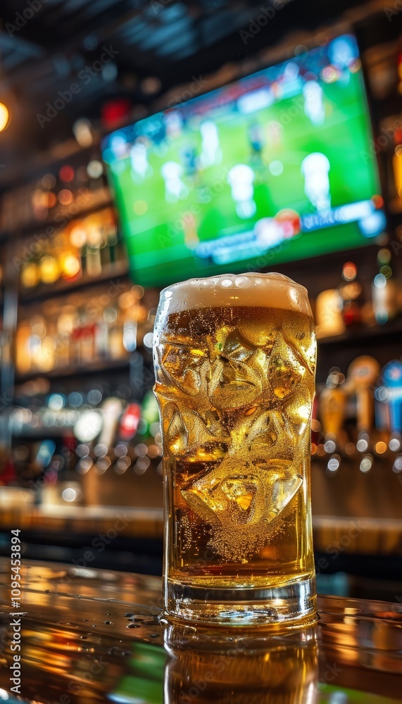 Cinematic close up of frosty beer on bar top with blurred soccer action creating lively atmosphere Cinematic close up of frosty beer on bar top with blurred soccer action creating lively atmosphere