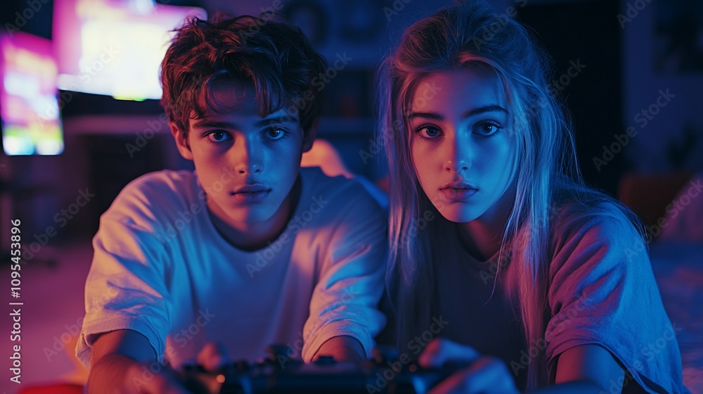 Teenagers playing video games together at night. Teenagers playing video games together at night.