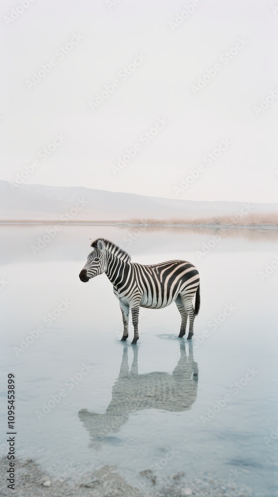 Fototapeta premium Zebra in a Crystal Clear Frozen Lake - Surreal Wildlife Photography