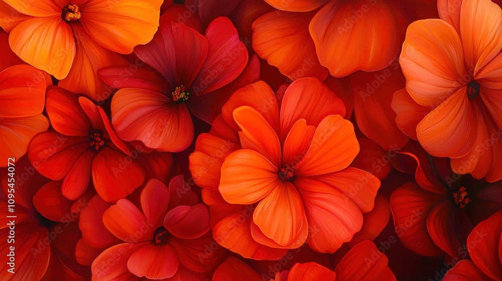 A detailed image of a bouquet featuring vibrant red and orange blooms, with the top portion positioned centrally A detailed image of a bouquet featuring vibrant red and orange blooms, with the top portion positioned centrally