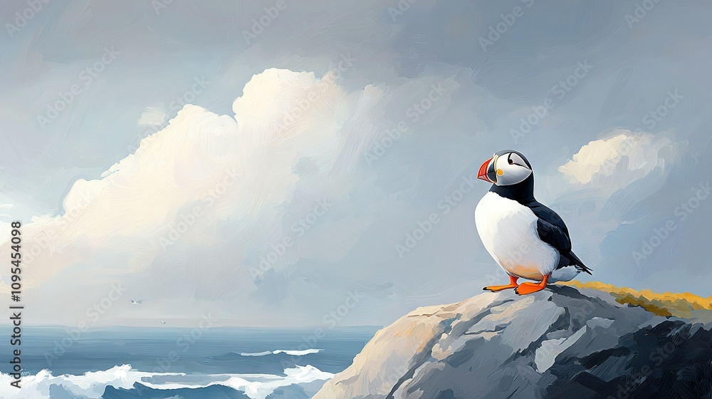 Obraz premium A stunning portrayal of a plump avian perched majestically on a boulder, gazing over the vast seascape with a backdrop of billowy skies