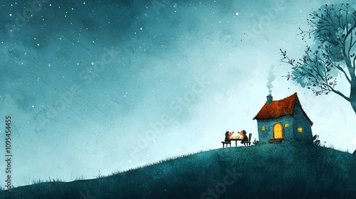 Wallpaper Mural   A stunning portrait of a hillside home with a majestic tree framing the foreground and a serene sky adorned with stars, captures the essence of tranquility Torontodigital.ca