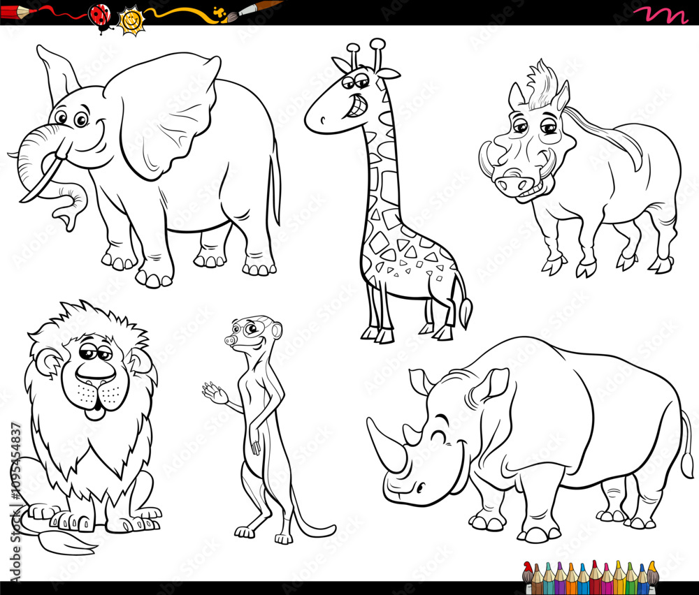 cartoon funny wild animals characters set coloring page