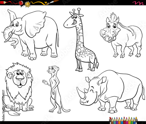 Obraz na płótnie cartoon funny wild animals characters set coloring page w salonie