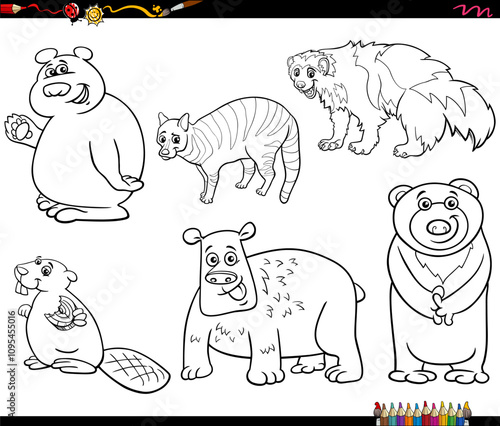 cartoon funny wild animals characters set coloring page