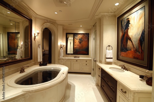 A high-end bathroom with a deep soaking tub, a double vanity, and large, framed art on the walls. photo