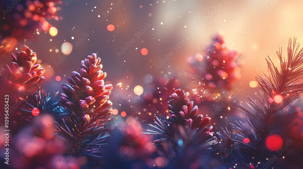 Fototapeta premium Red pine cones glowing on snowy christmas tree at sunset