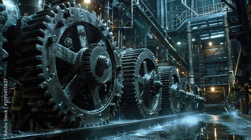 Close-up of large, industrial gears in a dark factory setting. Close-up of large, industrial gears in a dark factory setting.