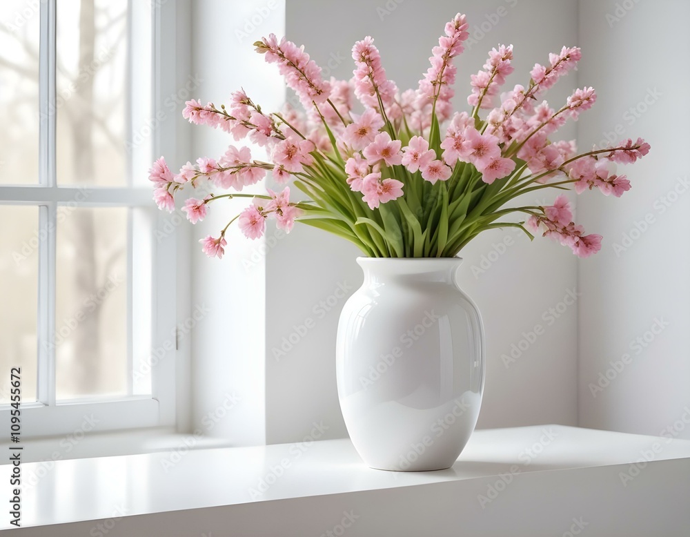 pink spring flowers in white ceramic vase in modern home interior pink spring flowers in white ceramic vase in modern home interior