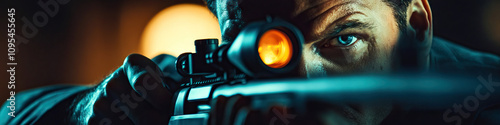 Target in Sight: A hitman aiming a rifle at a distant target through the scope. photo