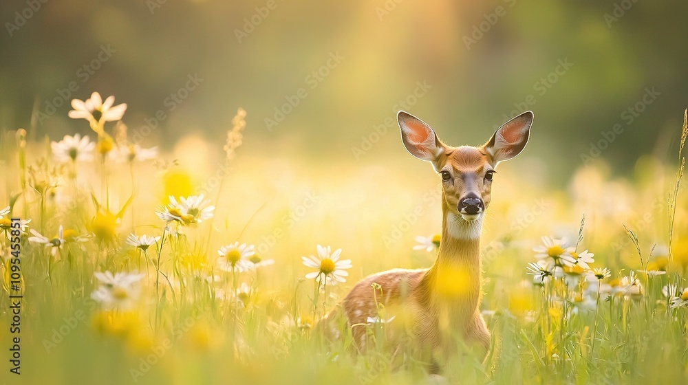 A deer stands among daisies, with a blurry yellow-white background of daisies A deer stands among daisies, with a blurry yellow-white background of daisies