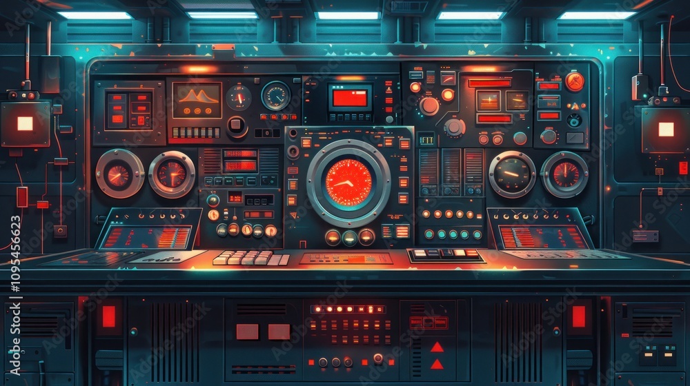 Futuristic control panel with gauges, buttons, and screens in a dark room. Futuristic control panel with gauges, buttons, and screens in a dark room.