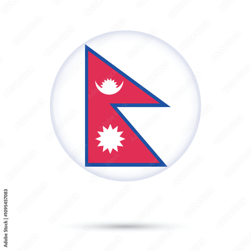 Obraz premium Nepal flag round circle glossy shiny 3D vector illustration isolated on white background. Nepal constitution day 19 September, Nepal republic day 28 May. Nepali flag for online educational purpose 