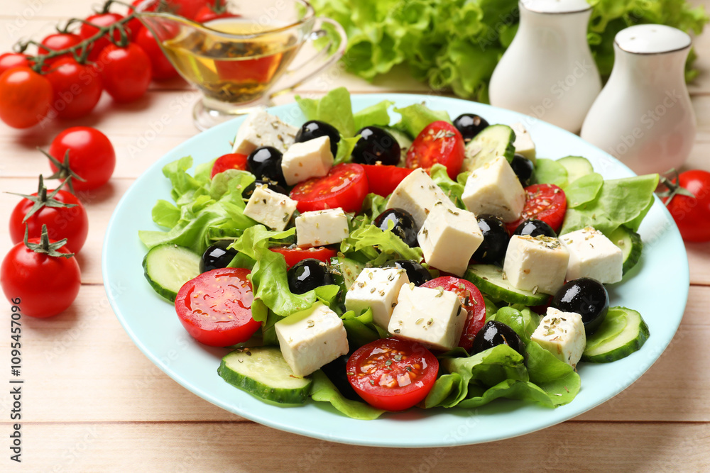 Delicious salad with feta cheese served on white wooden table, closeup Delicious salad with feta cheese served on white wooden table, closeup