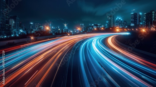 A vibrant night scene of light trails on a highway with a city skyline in the background.