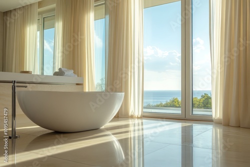 A luxury bathroom with a large picture window, a freestanding tub, and floor-to-ceiling curtains.