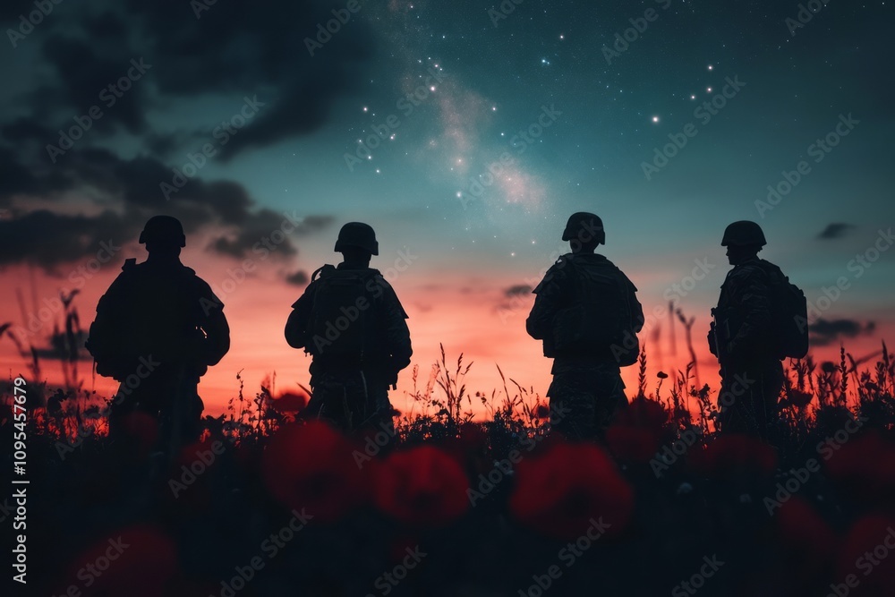Dramatic image, Field at night, soldiers silhouettes. Generative AI Dramatic image, Field at night, soldiers silhouettes. Generative AI