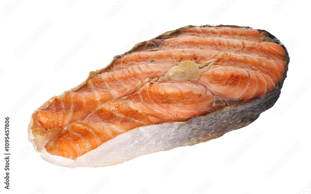 One tasty grilled salmon steak isolated on white One tasty grilled salmon steak isolated on white