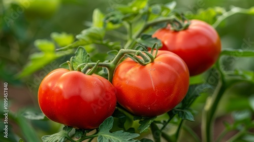 Cinematic close up of lush greenhouse with vibrant red tomatoes showcasing horticultural beauty