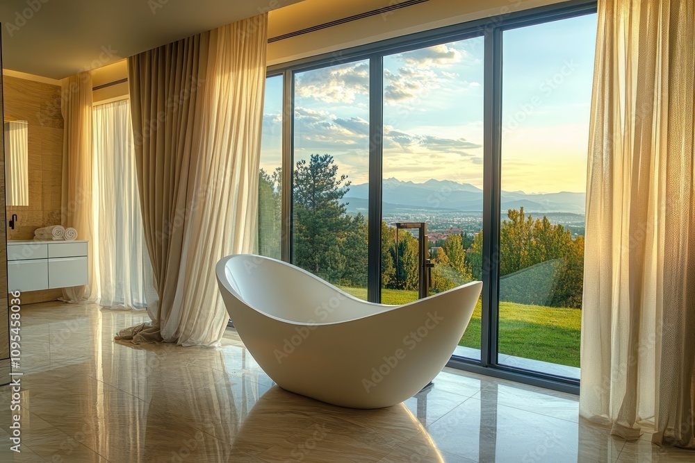 Fototapeta premium A luxury bathroom with a large picture window, a freestanding tub, and floor-to-ceiling curtains.