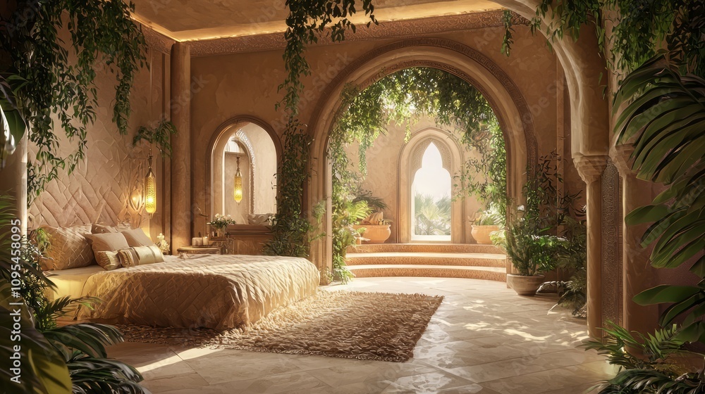Fototapeta premium Modern Arabian Islamic Master Suite - Luxurious 3D Render with Private Lounge Area and Elegant Decor for Relaxation