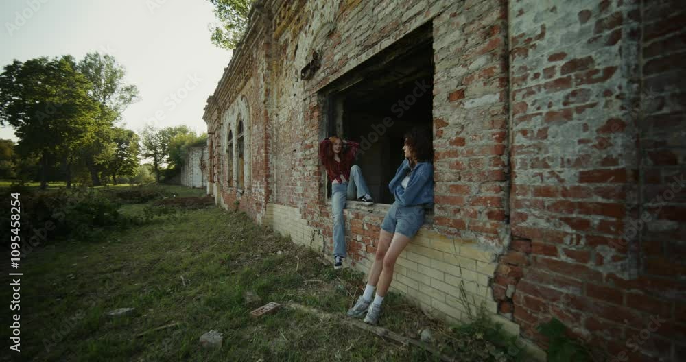 Two women are smiling and talking standing near the ruins of a historic building. A sunny summer day Two women are smiling and talking standing near the ruins of a historic building. A sunny summer day