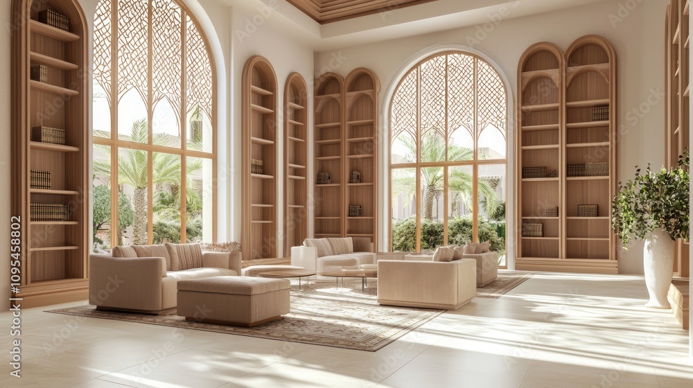 Luxurious Modern-Arabian Islamic Home Library Interior Design 3D Render with Rich Wooden Shelves and Plush Seating Areas | Ultra-Detailed Digital Artwork Luxurious Modern-Arabian Islamic Home Library Interior Design 3D Render with Rich Wooden Shelves and Plush Seating Areas | Ultra-Detailed Digital Artwork