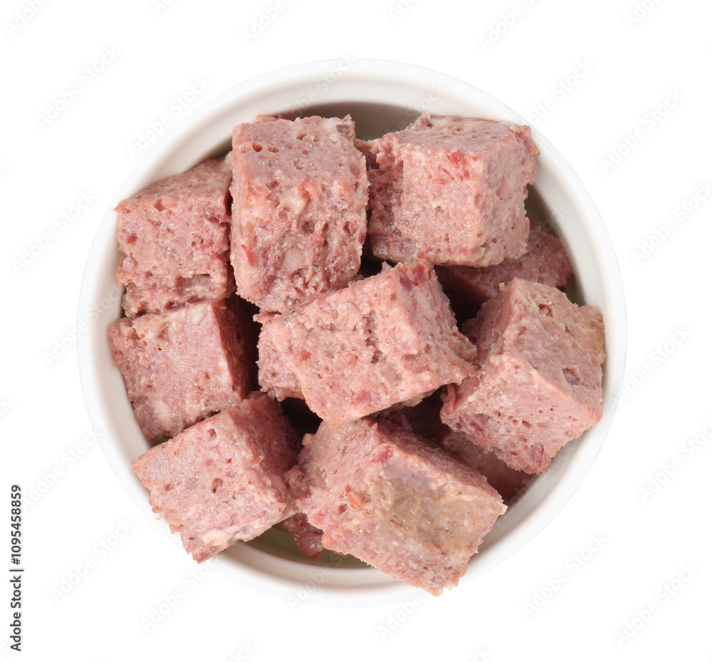 Canned meat in bowl isolated on white, top view Canned meat in bowl isolated on white, top view