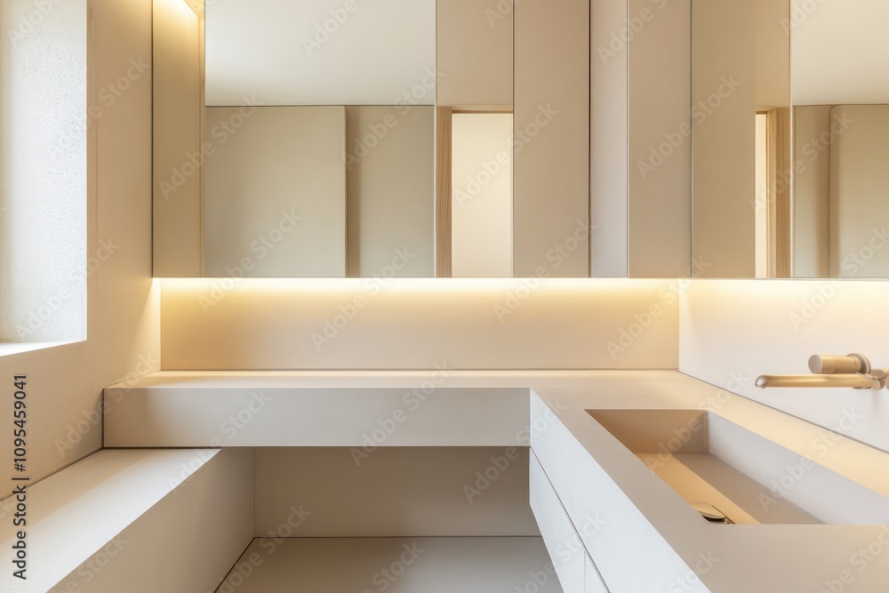 A minimalist bathroom with an integrated sink, compact storage solutions, and a neutral color scheme. A minimalist bathroom with an integrated sink, compact storage solutions, and a neutral color scheme.
