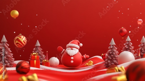 Christmas-themed red background with holiday elements and characters, copy space
