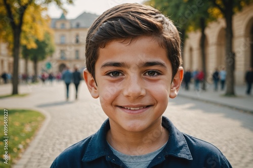 Close portrait of a smiling Azerbaijani male kid looking at the camera, Azerbaijani outdoors blurred background