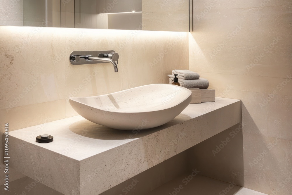 A minimalist bathroom with an integrated sink, compact storage solutions, and a neutral color scheme. A minimalist bathroom with an integrated sink, compact storage solutions, and a neutral color scheme.