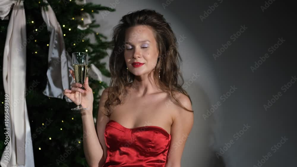 Happy beautiful young woman in festive red dress posing on camera, holding glass of champagne, getting ready for holiday. New Year concept. Merry Christmas Happy beautiful young woman in festive red dress posing on camera, holding glass of champagne, getting ready for holiday. New Year concept. Merry Christmas